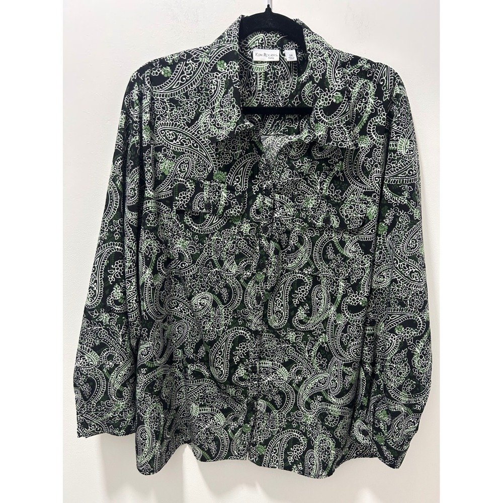 Kim Rogers Curvy Womens 2X Paisley Button Down Shirt Green Black Long Sleeve Top